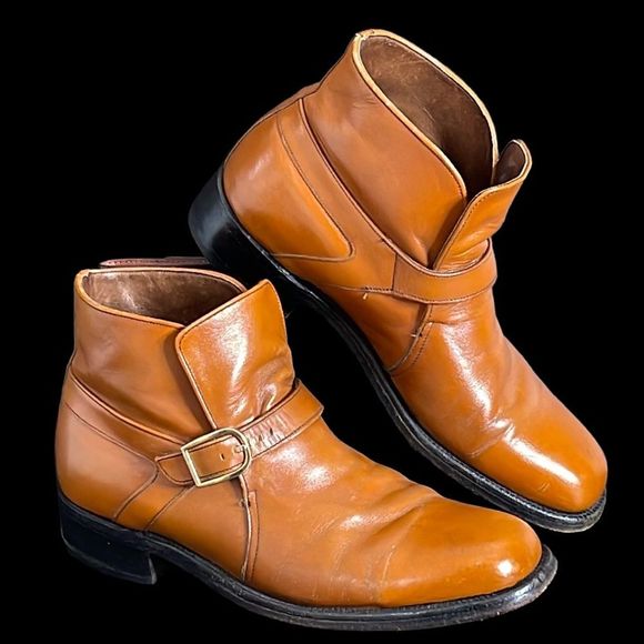 Men’s Vintage Slip on Cognac Orange Leather Boots - Picture 1 of 16